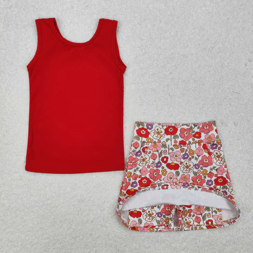 GSD1598 Baby Girls Red Vest Flowers Skirt Yoga Active Wear Clothes Set