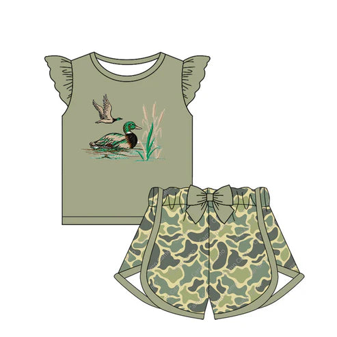 GSSO1690 Baby Girls Duck Hunting Shirt Camo Bow Shorts Clothes Sets Preorder