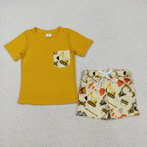 5.24 BSSO0529 Baby Boys Tractor Pocket Tee Shirts Shorts Clothes Set
