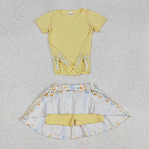 L-3.10 GSD1716 Baby Girls Yellow Bow Top Flowers Skort Skirt Clothes Set