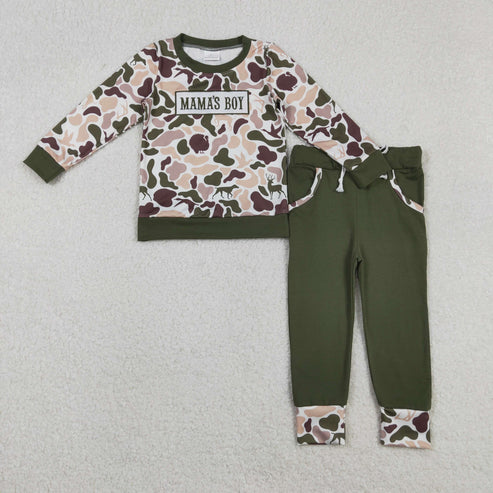 11.17 BLP1338 Embroidery Baby Boys Deer Ducks Camo Mama's Boy Top Pockets Jogger Pants Clothes Set