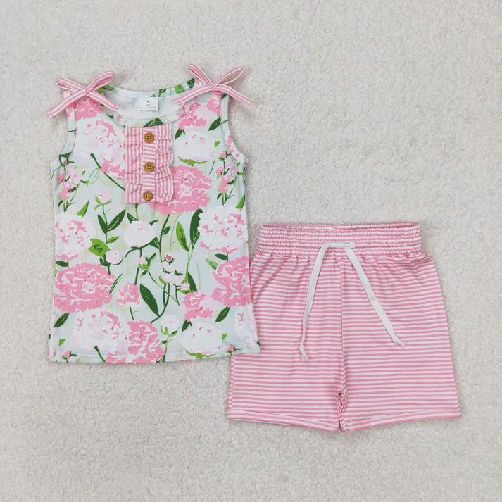 3.26  GSSO2357 Baby Girls Pink Sleeveless Floral Button Top Stripe Shorts Set