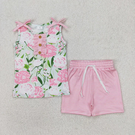 3.26 GSSO2357 Baby Girls Pink Sleeveless Floral Button Top Stripe Shorts Set