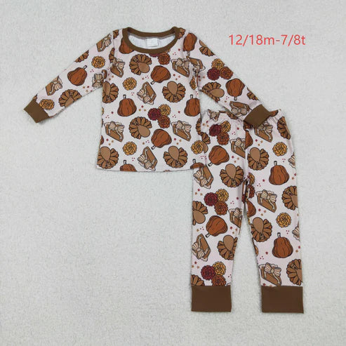 10.18 GLP2884 Baby Girls Pie Turkey Pumpkins Top Pant Thanksgiving Pajamas Set