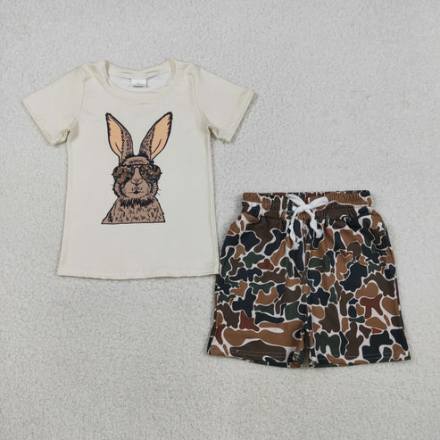 12.3 BT1414+SS0732 Baby Girls Rabbits Shirts Dark Brown Camo Pockets Short Easter Clothes Set