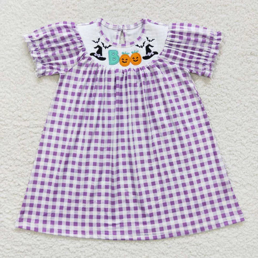 4.7  GSD0468 boo embroidered witch hat purple plaid smocked short-sleeved dress