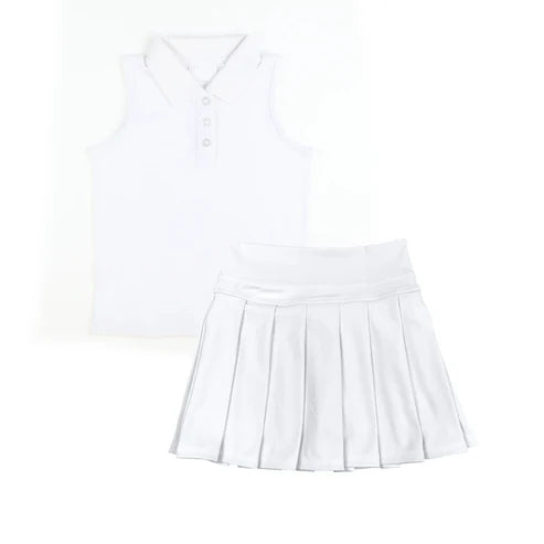 8.14 GSD2793 Baby Girls White Sleeveless Button Top Pleated Skorts Yoga Set Preorder