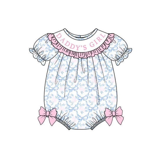 3.23 SR2944 Baby Infant Girls Short Ruffle Sleeves Blue Bows DADDY'S GIRL Ruffle Rompers Preorder