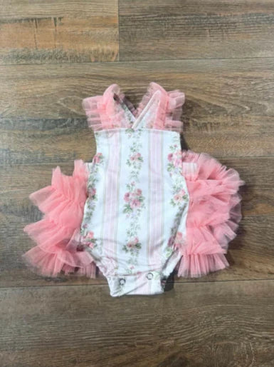 3.28 SR2964 Baby Infant Girls Pink Tulle Strap Floral Stripe Ruffle Rompers Preorder