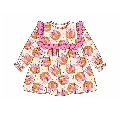 5.20 GLD1048 Baby Girls Long Ruffle Sleeves Pink Bows Pumpkins Knee Length Dresses Preorder