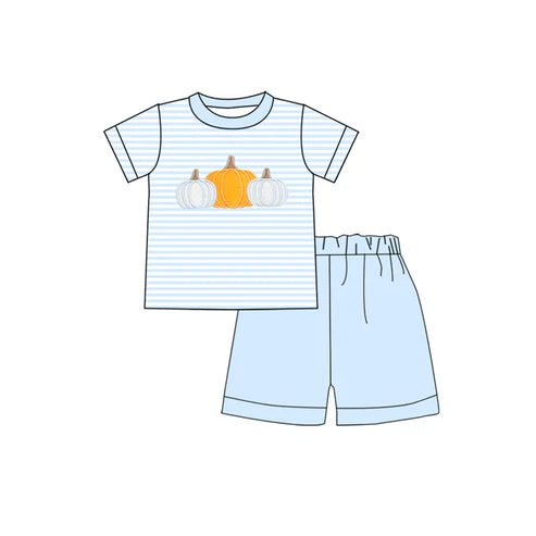 8.8 BSSO1548 Baby Boys Blue Stripes Pumpkins Top Shorts Fall Set Preorder