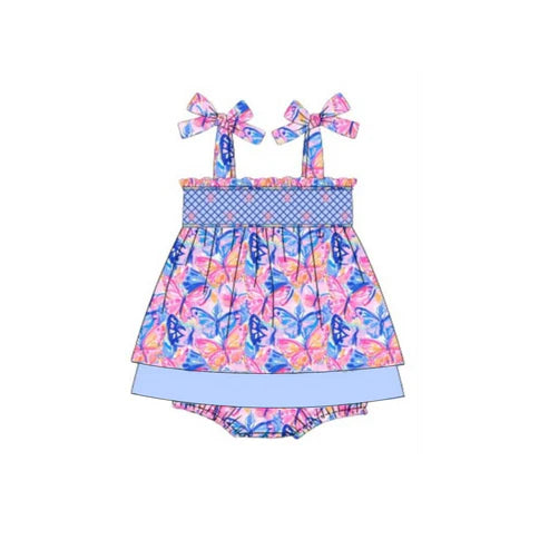 4.10  SR3028 Baby Girls Strap Colorful Butterfly Ruffle Bummies Dresses Rompers Preorder