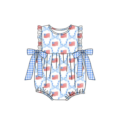 SR2353 Baby Infant Girls Blue Bows Flag Bubbles Rompers preorder