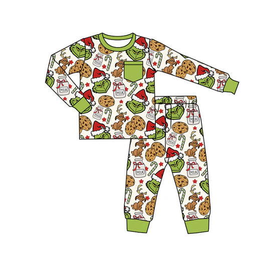 8.27 BLP1237 Baby Boys Green Face Milks Pocket Top Pant Christmas Pajamas Set Preorder