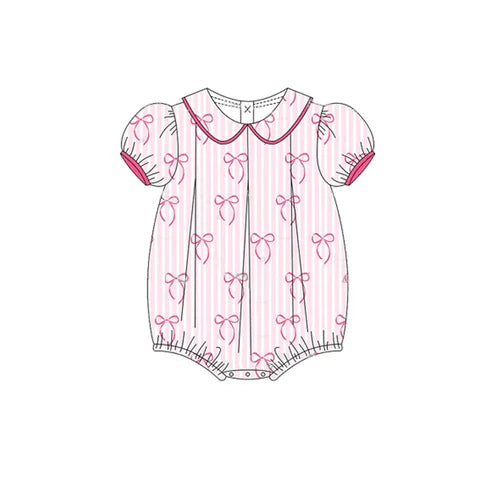 3.22 SR2931 Baby Infant Girls Short Ruffle Sleeves Pink Stripe Bows Ruffle Rompers Preorder