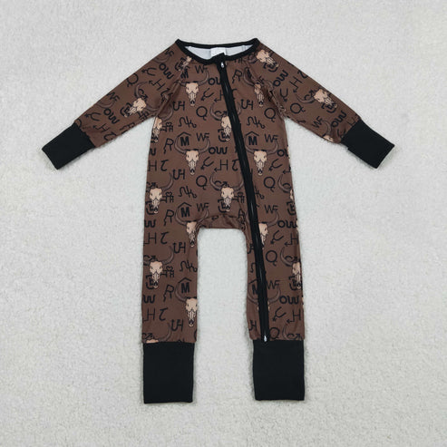 11.12 LR2591 Baby Boys Brown Bull Skulls Western Zipper Footie Romper