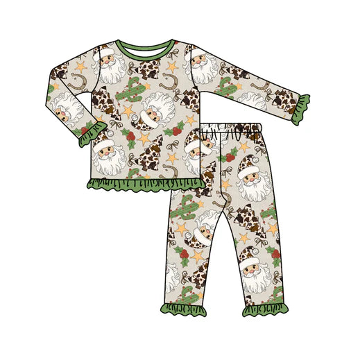 7.29 GLP2603 Baby Girls Long Ruffle Sleeves Santa Cactus Plaid Top Pants Pajamas Set Preorder
