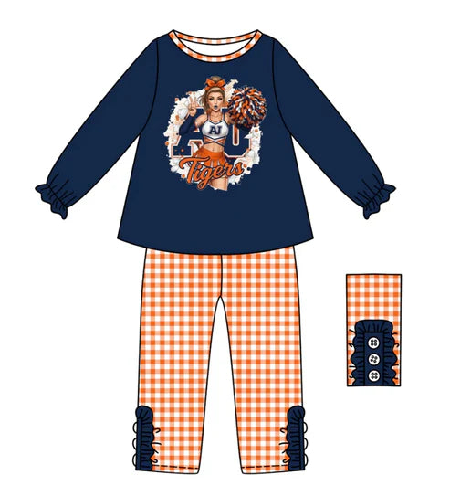 10.11 Custom Moq 8 Baby Girls Navy AJ Team Top Plaid Bottom Pants Sets