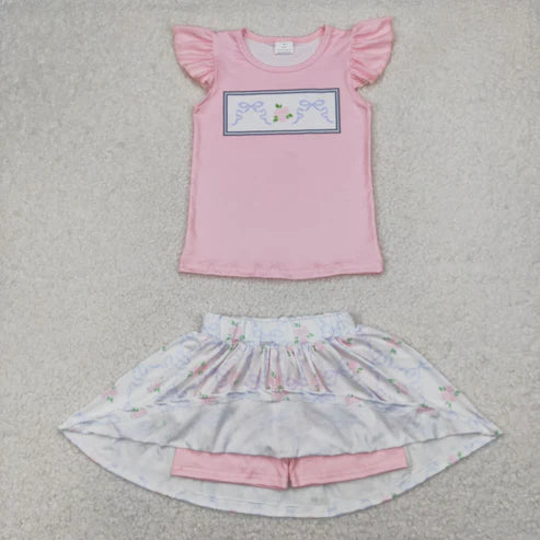 4.14 GSD2298 Baby Girls Green Pink Flutter Sleeves Bows Floral Top Skort Set