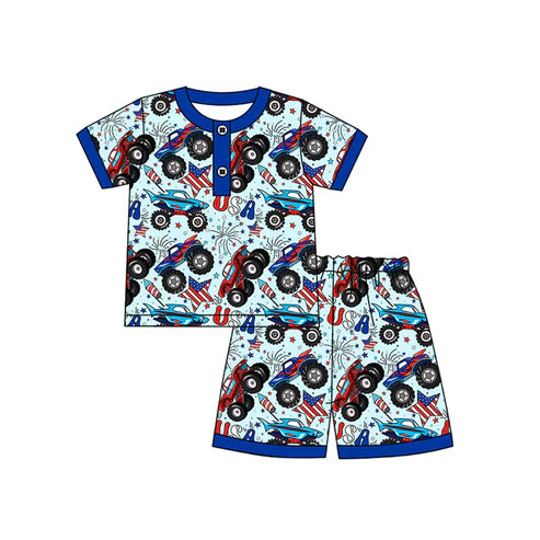 6.19  BSSO1525 Baby Boys Blue Short Sleeves Button Firework Stars Top Short 4th Of July Pajamas Set Preorder