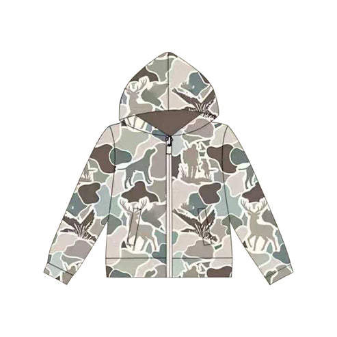 10.1 BT1390 Baby Boys Grey Dogs Deer Ducks Camo Pockets Zipper Hoodies Top Preorder