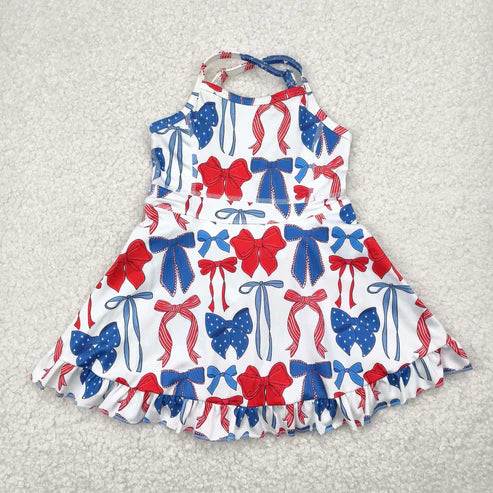 5.9  GSD2345 Baby Girls Strap Blue Red Bows 4th Of July Active Knee Length Dress