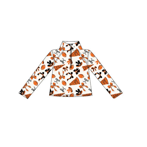 9.2 GT1197 Baby Girls Orange Black Bows Go Team Yoga Zipper Pullovers Top Preorder