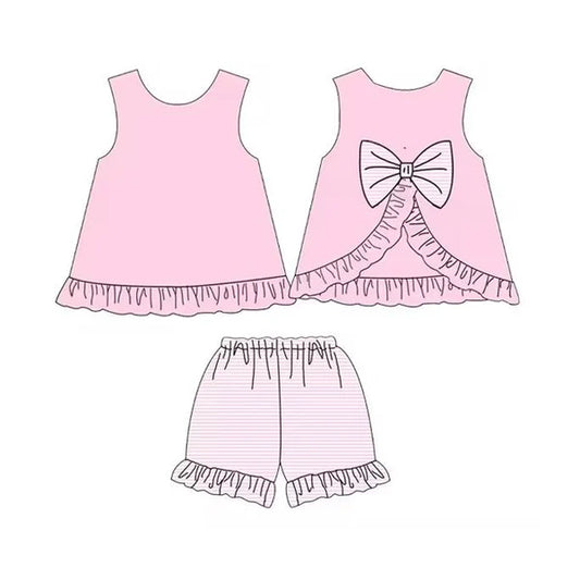 3.27 SSO2397 Baby Girls Pink Sleeveless Bows Tunic Stripe Ruffle Short Set Preorder