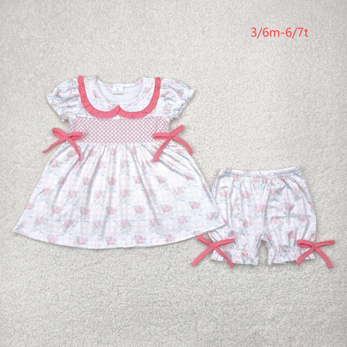 5.3 GSSO2368 Embroidered Baby Girls Pink Short Ruffle Sleeves Floral Bows Tunic Ruffle Short Clothes Set