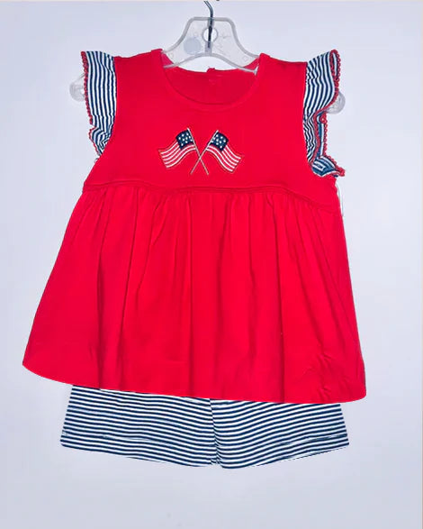 3.20 GSSO2347 Baby Girls Red Flutter Sleeves Flags Tunic Black Stripe Short 4th Of July Set preorder