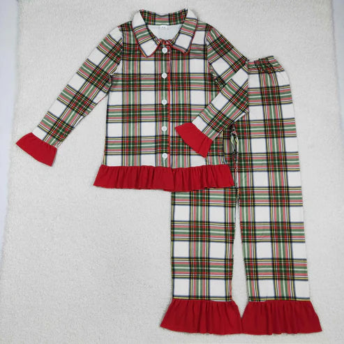 11.17 GLP2827 Adult Women Green Red Checked Button Top Ruffle Pant Christmas Pajamas Set