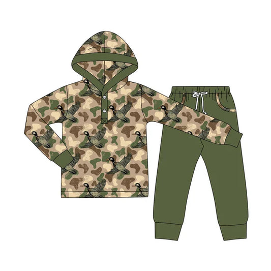 8.28  BLP1250 Baby Boys Green Camo Ducks Button Hoodies Pockets Leggings Western Set Preorder