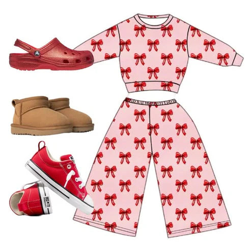 10.24 GLP3020 Baby Girls Red Bows Plaid Top Flare Pants Valentine Clothes Sets Preorder