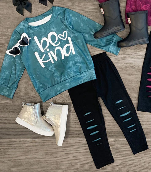 5.23 GLP1929 Baby Girls Be Kind Blue Tops Distressed Pants Clothes Sets Preorder