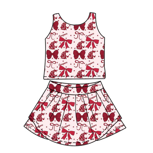 7.3  Custom Moq 3 Baby Girls Sleeveless WSU Bows Vest Top Short Skirts Set