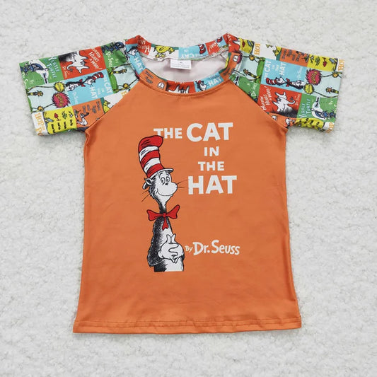 A2-11 Boys Raglan Short Sleeve Orange Cartoon Reading Shirts