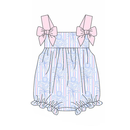 3.27 SR2960 Baby Infant Girls Pink Bows Strap Floral Stripe Ruffle Rompers Preorder
