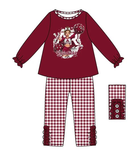 10.11  Custom Moq 8 Baby Girls Red R Team Top Plaid Bottom Pants Sets