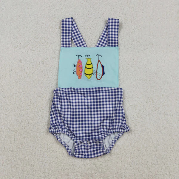 12.13 SR3413 Embroidery Fishing Baby Boys Checked Strap Hunting Romper