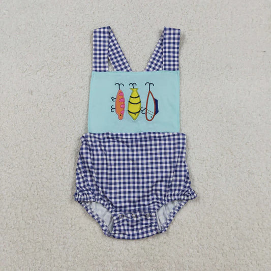 12.13 SR3413 Embroidery Fishing Baby Boys Checked Strap Hunting Romper