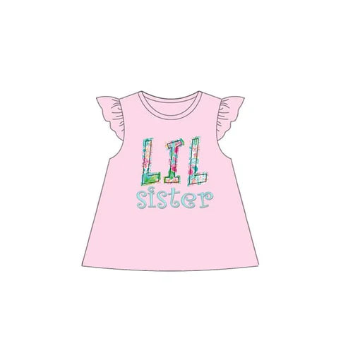 3.21   GT0957 Baby Girls Pink Flutter Sleeves Floral Lil Sister Tee Shirt Top Preorder