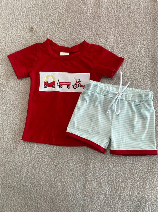 3.23  BSSO1432 Baby Boys Red Short Sleeves Trucks Top Blue Stripe Short Set Preorder