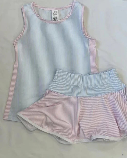 4.21 GSD2470 Baby Girls Sleeveless Blue Stripe Top Skort Yoga Set Preorder