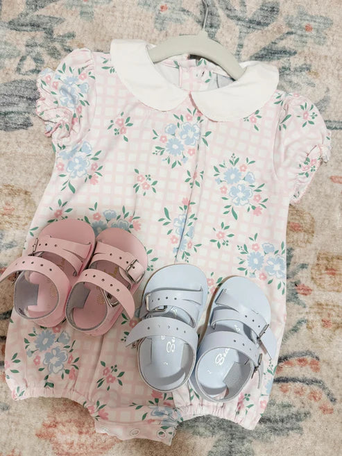 SR2878 Baby Infant Girls Pink Checkered Flowers Short Sleeve Rompers preorder