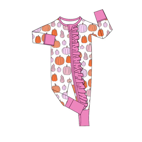 8.14 LR2566 Baby Girls Colorful Pumpkins Plaid Fall Ruffle Zipper Footie Rompers Preorder