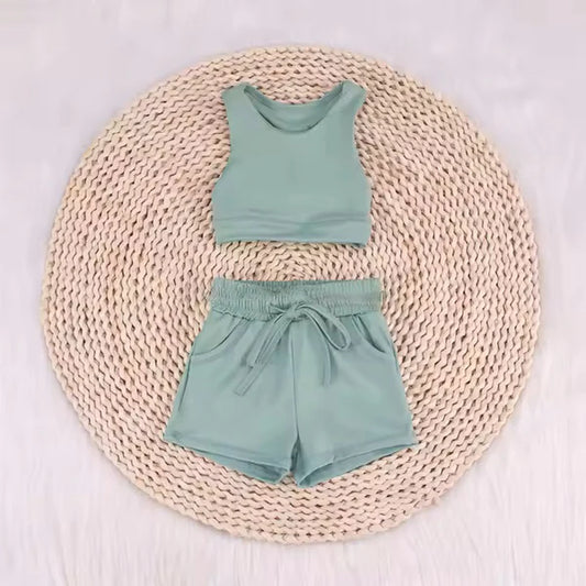 L-3.5 GSSO2133 Baby Girls Green Vest Top Sports Shorts Clothes Sets Preorder