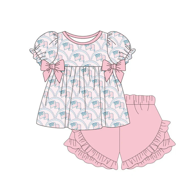 11.29 MOQ：5pcs GSSO2954 pre-order baby girl clothes flag print toddler girl 4th of July summer outfit
