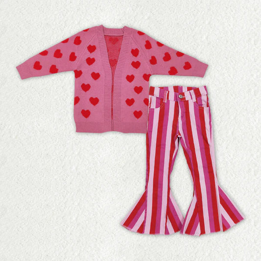 3.18 GT0372+P0043 Baby Girls 2pcs Valentines Hearts Cardigan Sweaters Pink Stripes Denim Pants Set