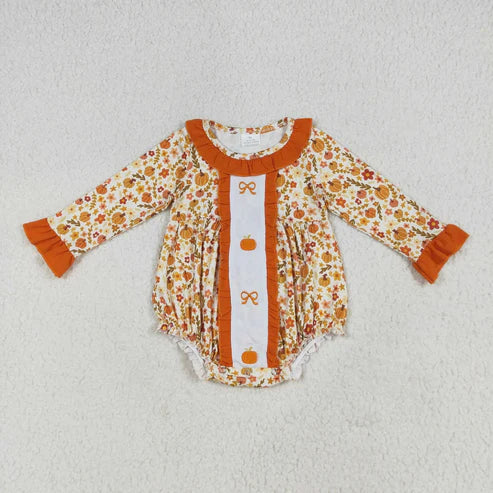 6.26 Sibling Embroidery Baby Girls Fall Bows Pumpkins Tunic Pants Set Knee Length Dress Rompers