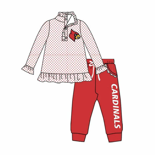 8.20 Custom MOQ 5 Baby Girls Fall Football Team Cardinals Pullover Top Pants Clothing Sets